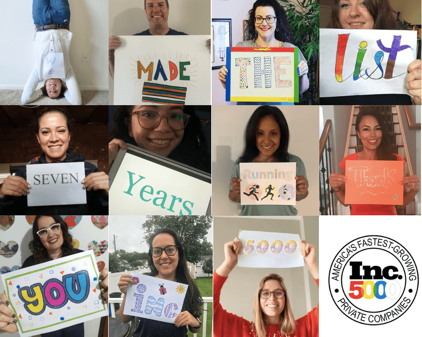 Group of CQ fluency's Diversity Champions Staff Holding Up Signs Spelling Out 'We Made The List Seven Years Running Thank You Inc 5000' and Inc 5000 logo