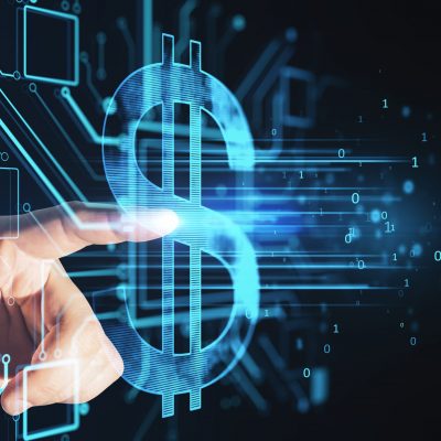 Close up of male hand pointing at creative glowing dollar hologram on dark backround. Futuristic hi-tech digital money and electronic economy of the future concept. Close up of male hand pointing at creative glowing dollar hologram on dark backround. Futuristic hi-tech digital money and electronic economy of the future concept